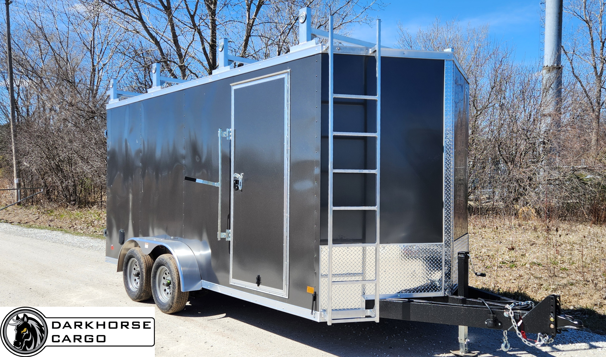 DarkHorse 7X16 Wedge Nose Tandem Axle Steel Contractor Cargo Trailer with Double Rear Doors, 12" Extra Height - 2500 Series - Charcoal